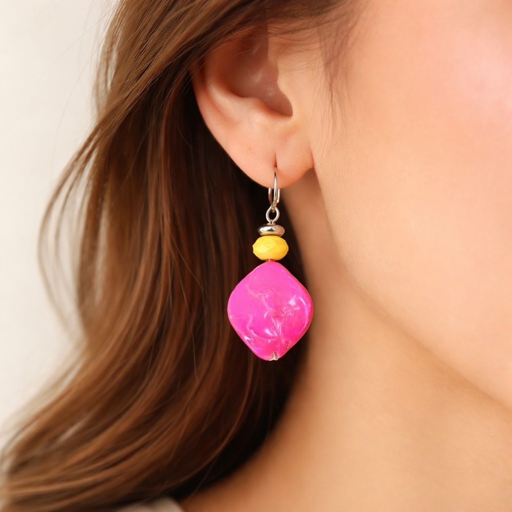 Hot Pink Resin Statement Earrings Yellow Accent 2” Dangle Bold
